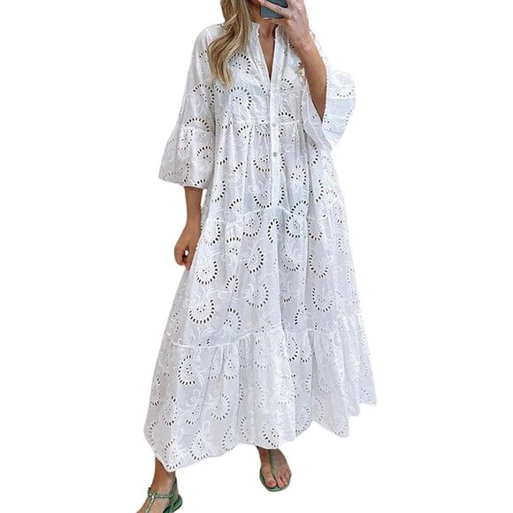 Dresses & Skirts - Women's Lace Maxi Dress Cotton Eyelet V Neck Tiered Swing Hem Casual Wear